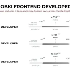 Zarobki front-end developerów: juniorzy zarabiają średnio 4359 PLN, regularzy 6731 PLN, a seniorzy 10937 PLN.