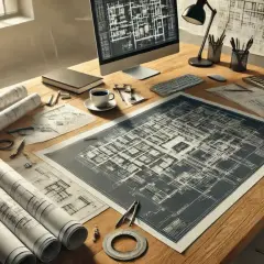 Biurko architekta z planami, komputerem i kawą. Zastanawiasz się, ile zarabia architekt?