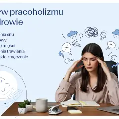 Kobieta z bólem głowy, objaw pracoholizmu: zaburzenia snu, trawienia, zmęczenie.