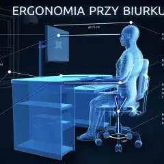 Prawidłowa ergonomia pracy przy biurku: monitor na wyciągnięcie ręki, blat na wysokości łokci, fotel z regulacją.