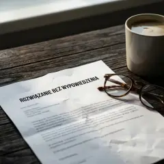 Dokument "Rozwiązanie bez wypowiedzenia" leży obok okularów i kawy. Może to być zwolnienie dyscyplinarne na L4.