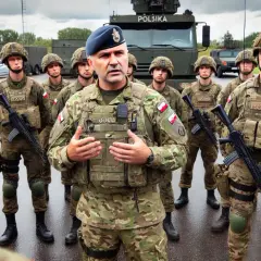 Dowódca w mundurze polowym przemawia do żołnierzy. W razie wojny kto idzie do wojska? Ci młodzi mężczyźni w pełnym rynsztunku.