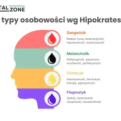 Profil głowy podzielony na 4 kolory, ilustrujący 4 typy osobowości wg Hipokratesa: sangwinik, melancholik, choleryk, flegmatyk.