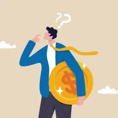 Zastanawiasz się, ile zarabia technik farmacji? Mężczyzna z monetą i znakami zapytania nad głową symbolizuje dylemat finansowy.