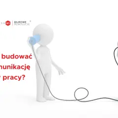 Dwóch ludzików rozmawia przez puszki, symbolizując bariery komunikacyjne w pracy.