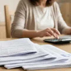 Kobieta liczy na kalkulatorze i pisze na laptopie, analizując dokumenty. Czy to podsumowanie, ile zarabia nauczyciel w przedszkolu?