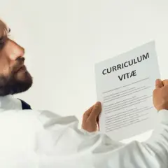 Mężczyzna z brodą analizuje CV, szukając kluczowych kompetencji przyszłości.