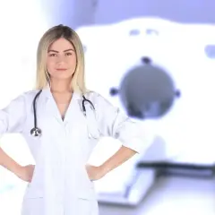 Uśmiechnięta rejestratorka medyczna w białym kitlu ze stetoskopem, na tle aparatu RTG. Zastanawiasz się, ile zarabia rejestratorka medyczna?