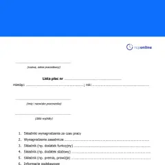 Formularz lista płac z polami na dane pracodawcy, pracownika, miesiąc, rok, datę wypłaty oraz składniki wynagrodzenia.