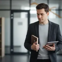 Młody mężczyzna z wyższym wykształceniem, trzymający tablet i notatnik, w nowoczesnym biurze.