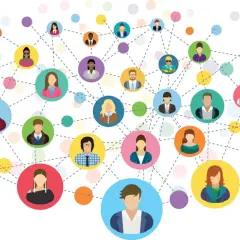 Wizualizacja pokazuje, jak działa networking: połączeni ludzie tworzą sieć kontaktów, wymieniając się pomysłami i budując relacje.