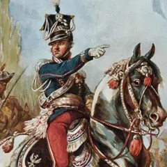 Dowódca na koniu wskazuje drogę, a za nim maszerują legiony polskie we Włoszech.
