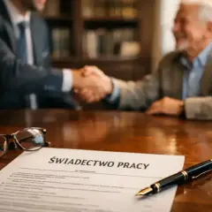 Uścisk dłoni po rozmowie o zwolnieniach grupowych. Na stole dokument "Świadectwo Pracy" i okulary.