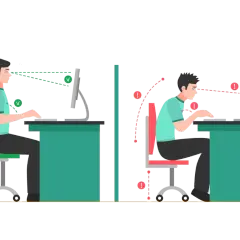 Dwa przykłady siedzenia przy biurku: po lewej prawidłowa postawa, po prawej zła. Kluczowa jest ergonomia.