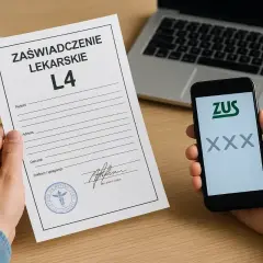 Ręka trzyma zwolnienie lekarskie L4, obok telefon z logo ZUS. Czy to oznacza problemy z ZUS?