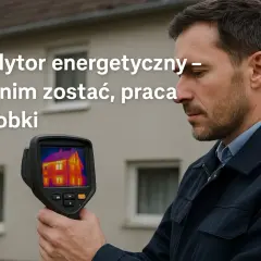 Mężczyzna z kamerą termowizyjną bada dom. To audytor energetyczny, który sprawdza straty ciepła.