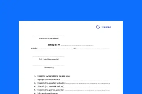 Formularz lista płac z polami na dane pracodawcy, pracownika, miesiąc, rok, datę wypłaty oraz składniki wynagrodzenia.