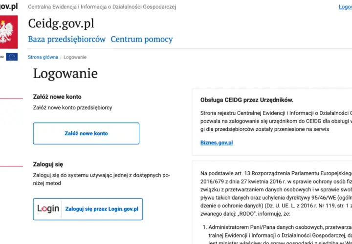 Strona logowania do CEIDG.gov.pl, gdzie można założyć nowe konto lub zalogować się do systemu.