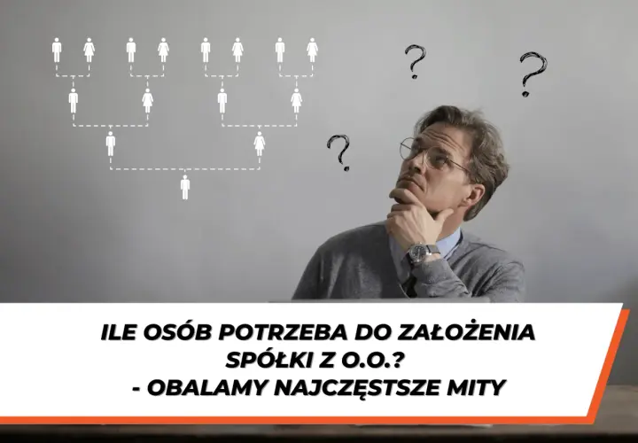 Mężczyzna zamyślony, trzymający się za brodę, obok schematu organizacyjnego i znaków zapytania.