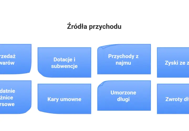Źródła przychodu: sprzedaż towarów, dotacje, najem, zyski ze zbycia, różnice kursowe, kary, umorzone długi, zwroty długów. To wszystko wpływa na przychód firmy.