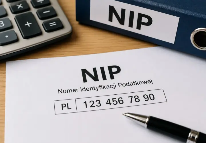 Na dokumencie widnieje numer NIP, który ma 10 cyfr. Obok leży długopis i kalkulator.