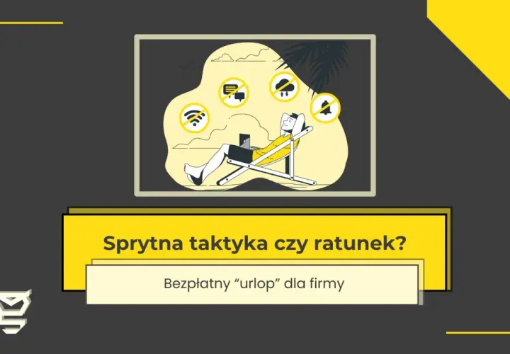 Człowiek na leżaku z laptopem, otoczony ikonami symbolizującymi zawieszenie działalności: brak Wi-Fi, wiadomości, deszczu i dzwonka.