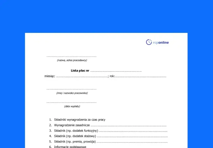 Formularz lista płac z polami na dane pracodawcy, pracownika, miesiąc, rok, datę wypłaty oraz składniki wynagrodzenia.