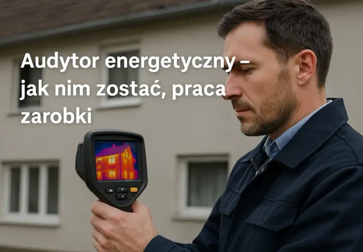 Mężczyzna z kamerą termowizyjną bada dom. To audytor energetyczny, który sprawdza straty ciepła.