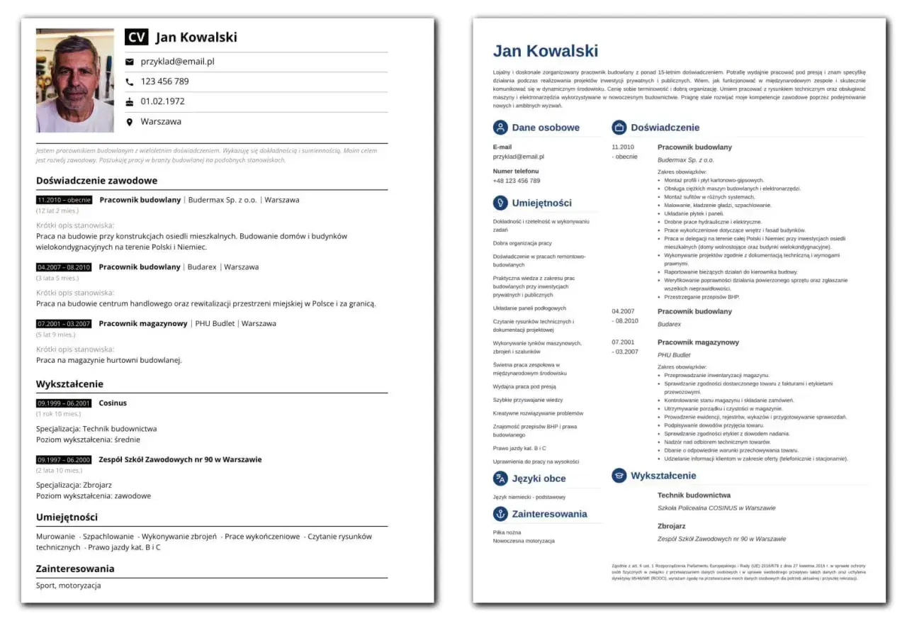 CV Jana Kowalskiego, pracownika budowlanego z wieloletnim doświadczeniem, podkreślające jego kompetencje zawodowe, umiejętności i wykształcenie.