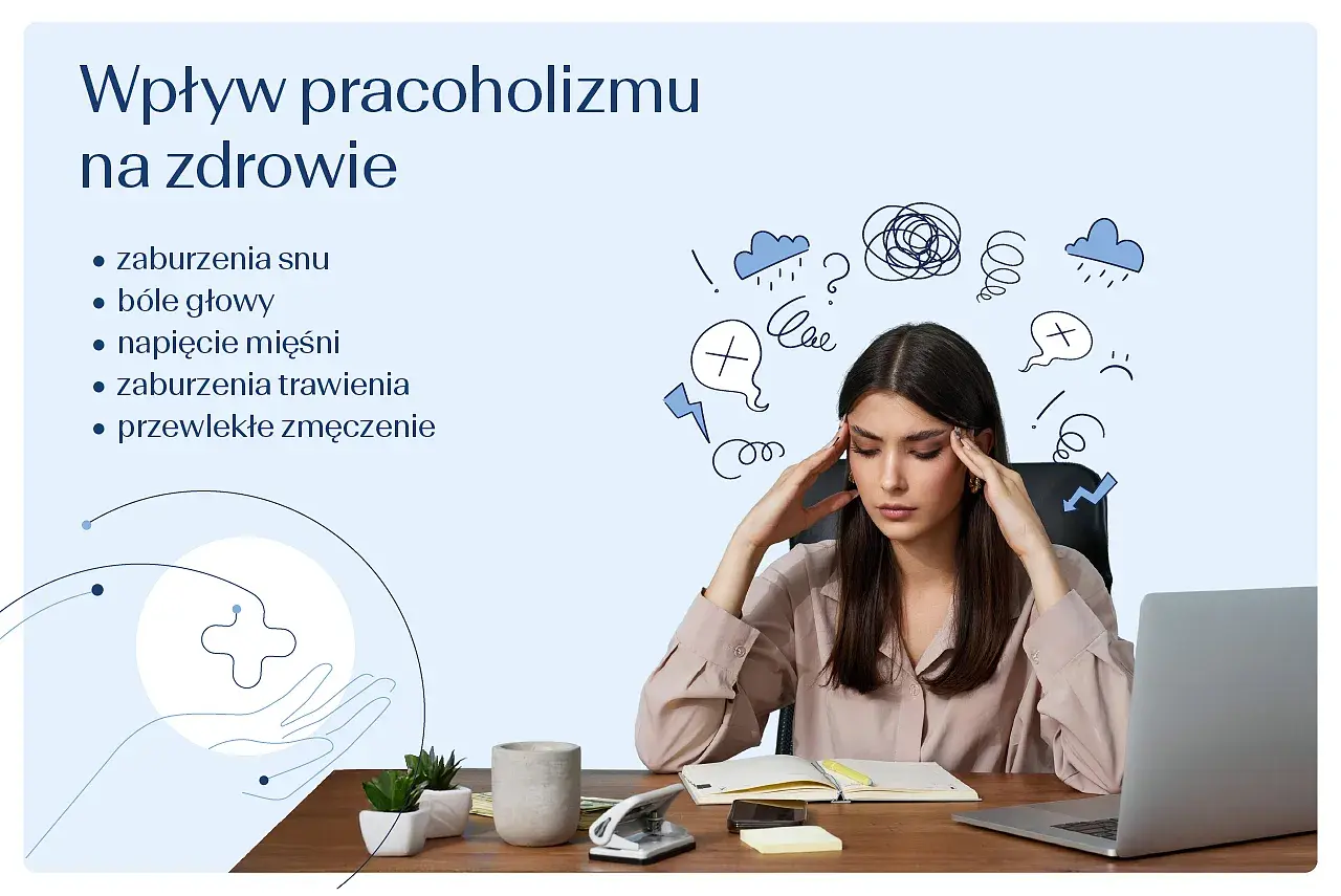 Kobieta z bólem głowy, objaw pracoholizmu: zaburzenia snu, trawienia, zmęczenie.