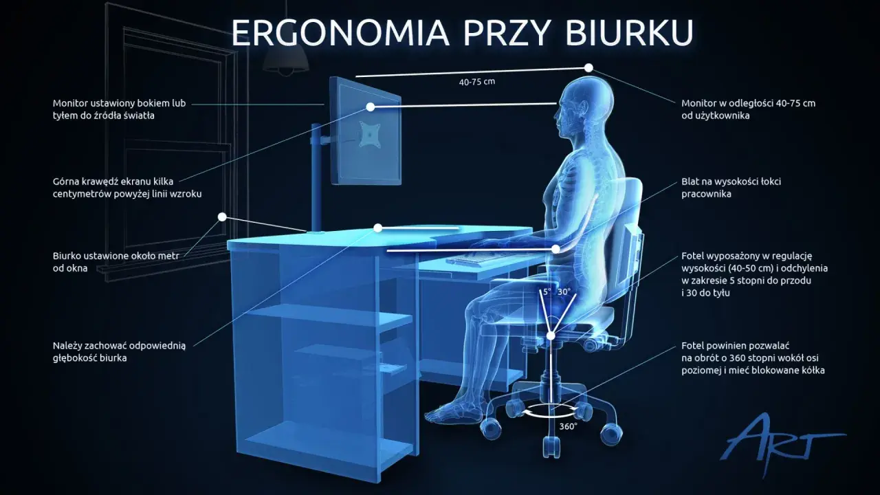 Prawidłowa ergonomia pracy przy biurku: monitor na wyciągnięcie ręki, blat na wysokości łokci, fotel z regulacją.