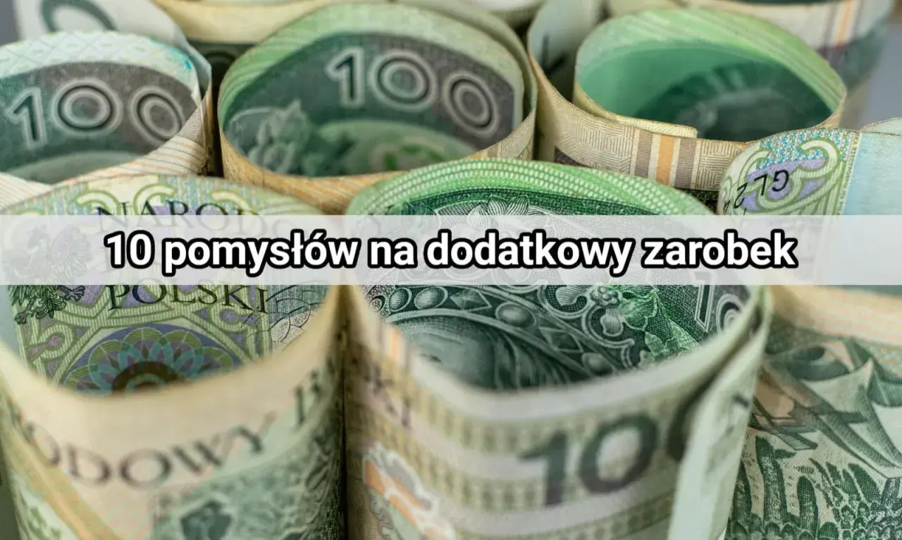 Zwijane banknoty 100 zł, z napisem "10 pomysłów na dodatkowy zarobek".