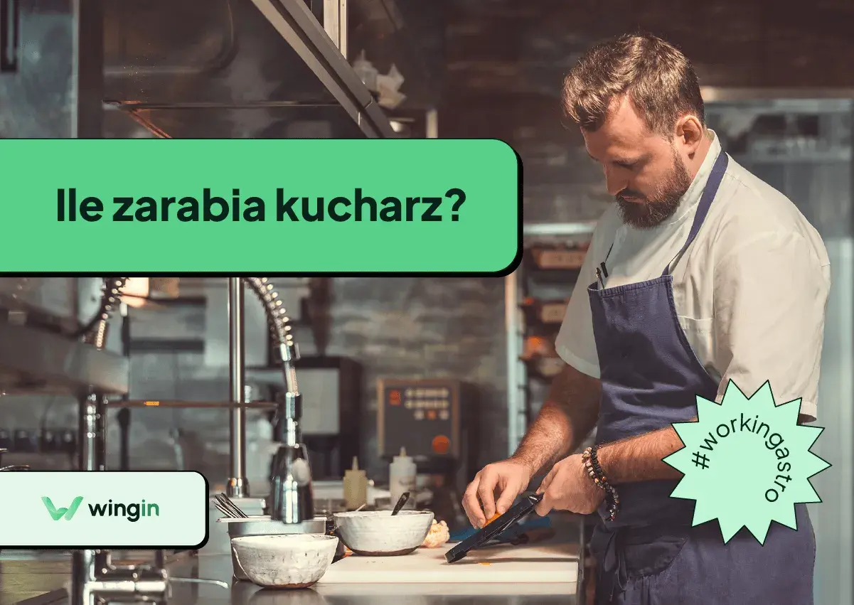 Kucharz w fartuchu kroi warzywa na desce. Nad nim napis: "Ile zarabia kucharz?". W rogu logo "wingin" i gwiazdka z hasłem #workingastro.