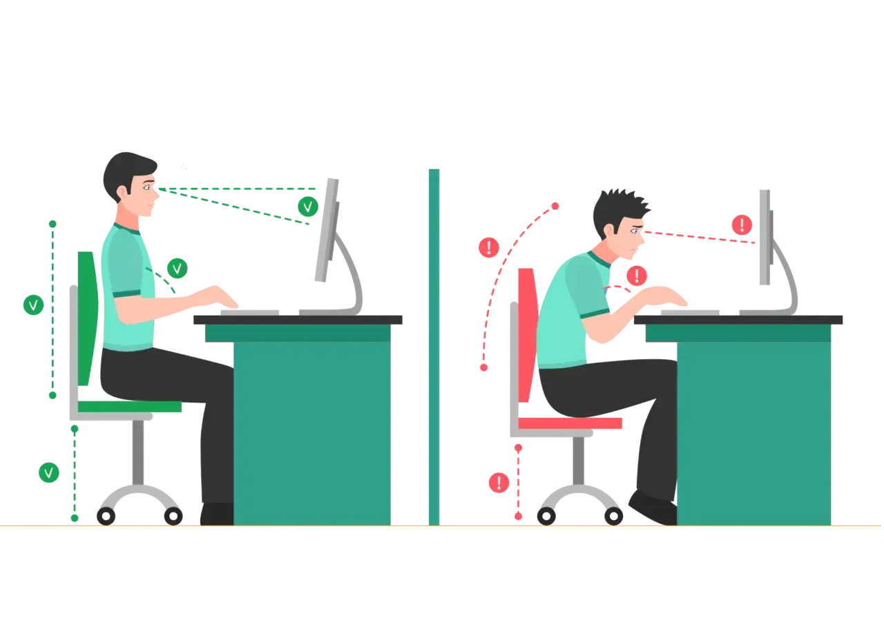 Dwa przykłady siedzenia przy biurku: po lewej prawidłowa postawa, po prawej zła. Kluczowa jest ergonomia.