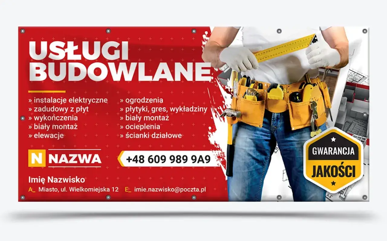 Reklama usług budowlanych: instalacje, wykończenia, ogrodzenia, elewacje. Komercyjny charakter oferty podkreśla gwarancja jakości.
