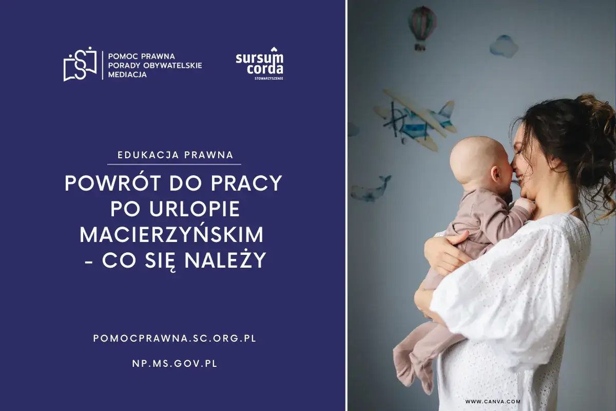 Matka tuli dziecko, a grafika informuje o powrocie do pracy po urlopie macierzyńskim i 12-miesięcznym okresie ochronnym.