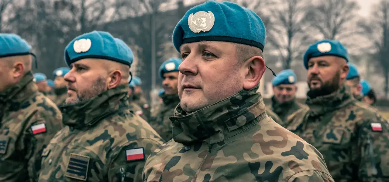 Żołnierze w mundurach i charakterystycznych niebieskich beretach z symbolem ONZ.
