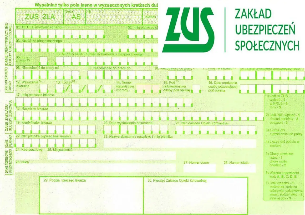 Formularz ZUS ZLA do wypełnienia. L4 co to? To zaświadczenie lekarskie o niezdolności do pracy.